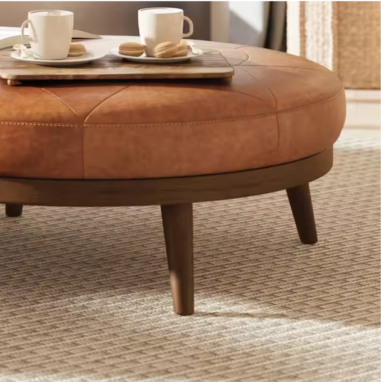 Gio Cognac Tan Leather Round Ottoman