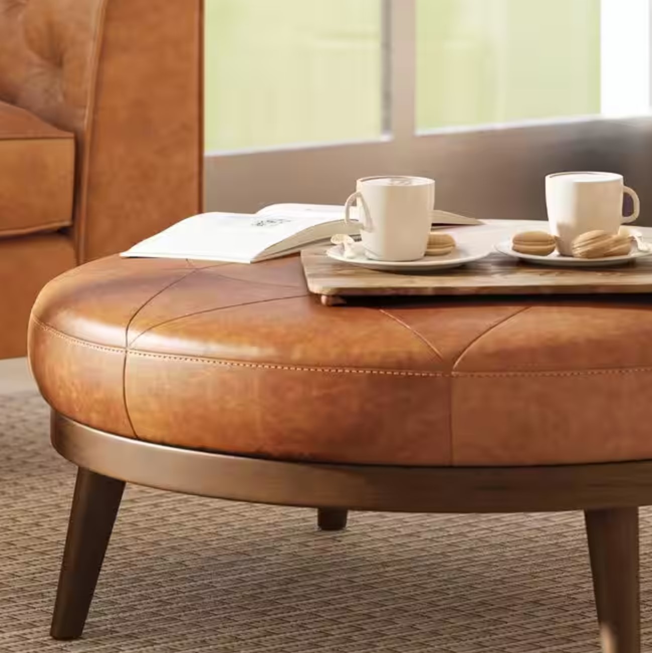 Gio Cognac Tan Leather Round Ottoman