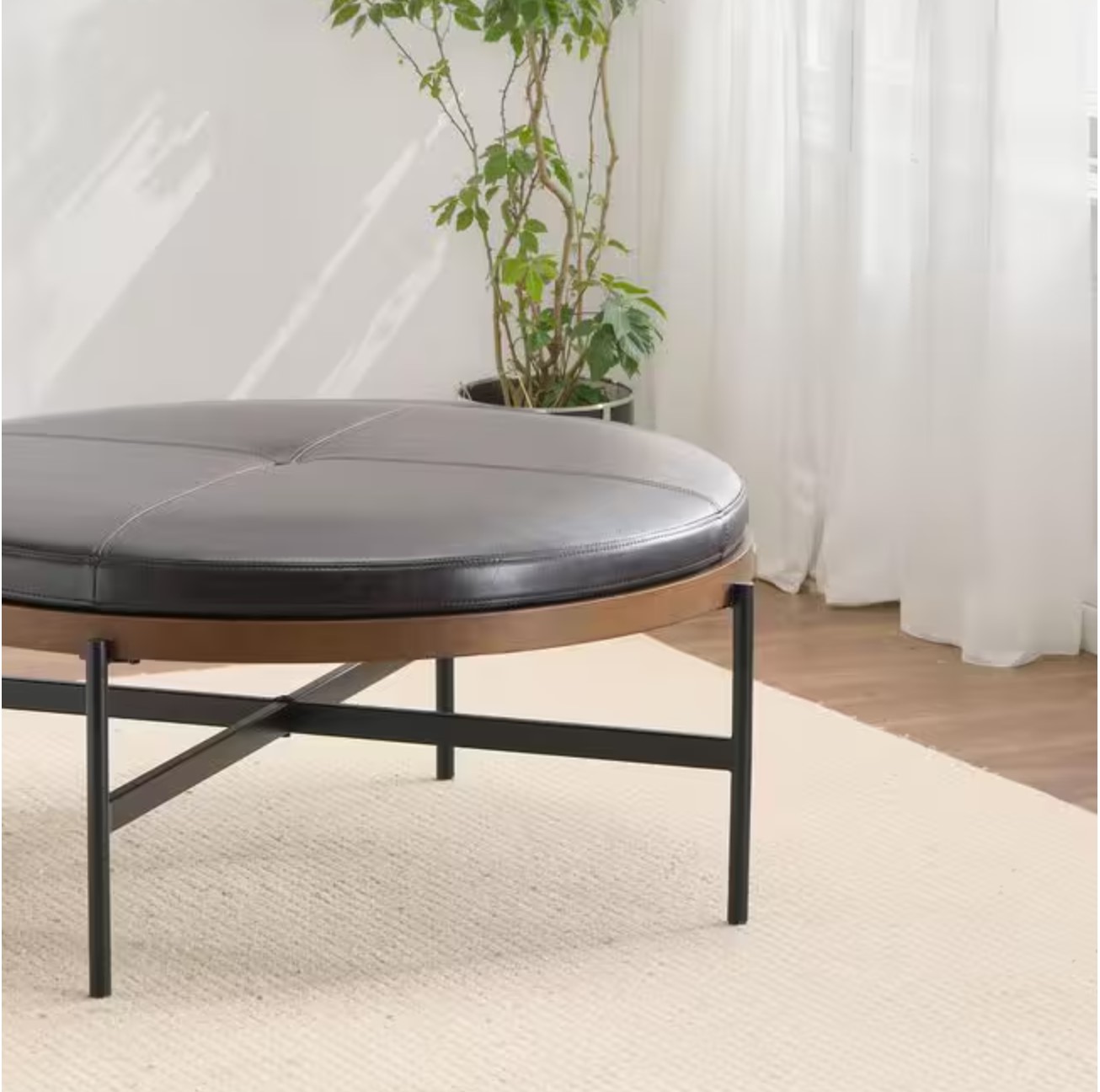 Stratum Modern Upholstered Faux Leather Round Accent Ottoman Iron Base Brown Plus Black