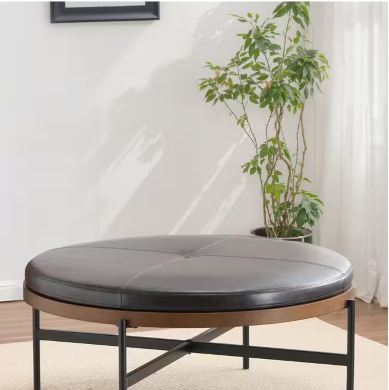 Stratum Modern Upholstered Faux Leather Round Accent Ottoman Iron Base Brown Plus Black